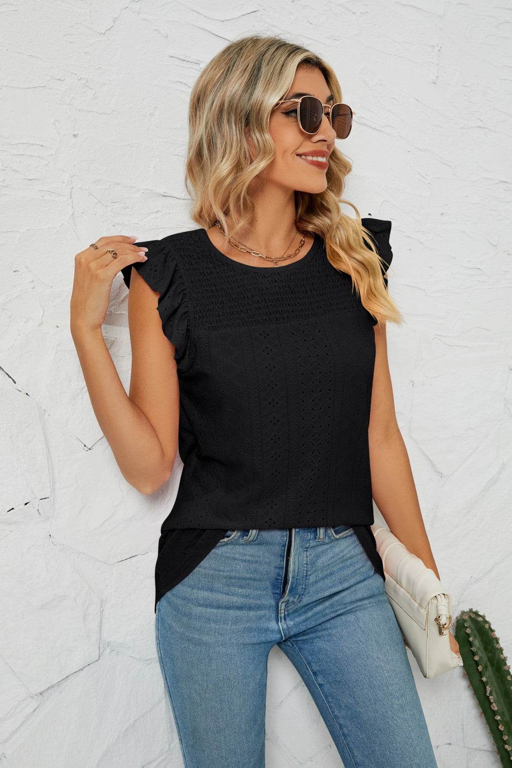 Trendy Smocked Round Neck Eyelet Top with Cap Flutter Sleeves - Casual Long Length Blouse - Store 42