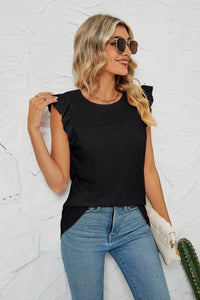 Trendy Smocked Round Neck Eyelet Top with Cap Flutter Sleeves - Casual Long Length Blouse - Store 42