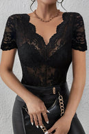 Lace V-Neck Top with Short Sleeves - Sheer Stretchy Polyester Blend for Effortless Style - Store 42
