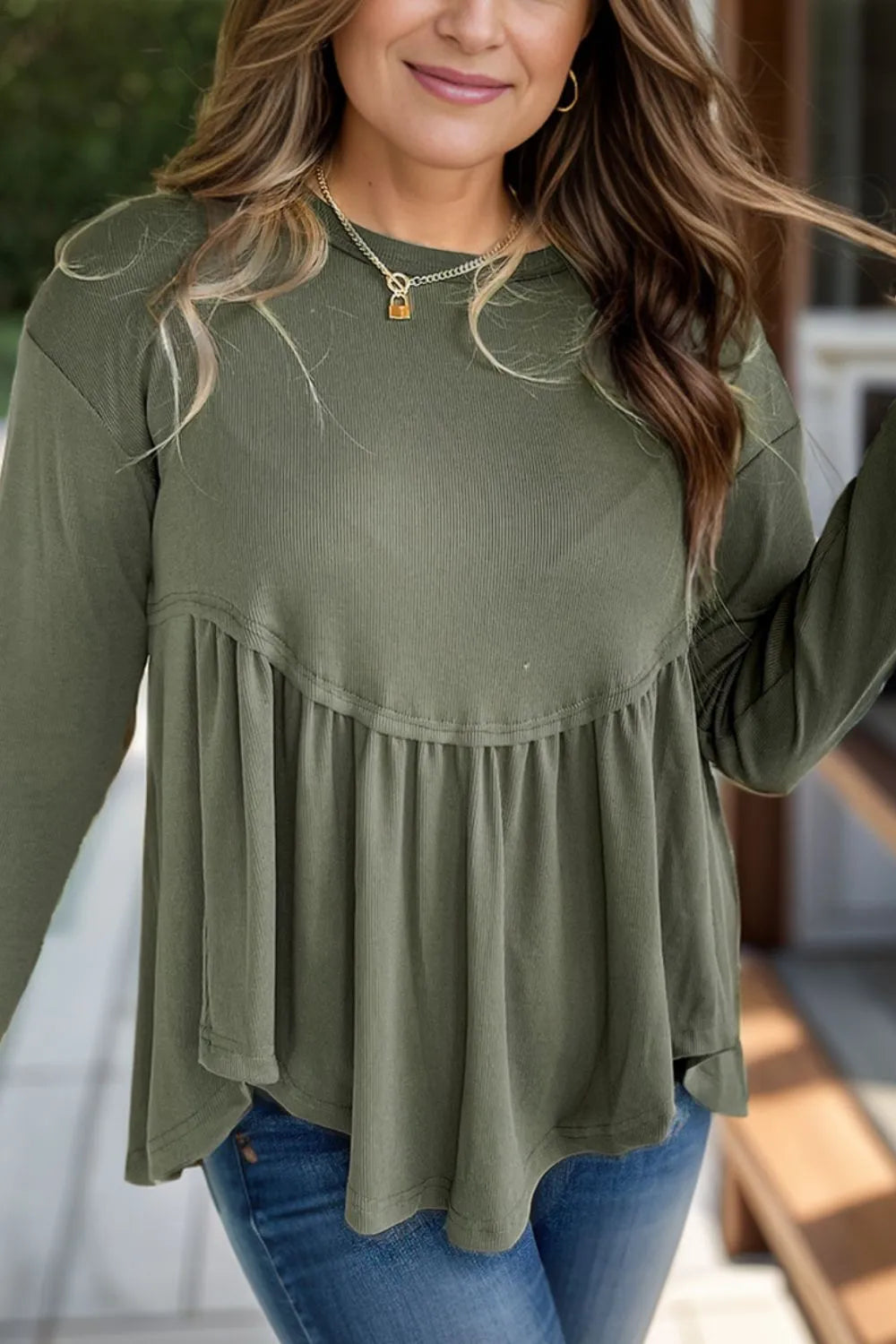 Trendy Plus Size Peplum Blouse with Round Neck and Long Sleeves - Opaque and Slightly Stretchy