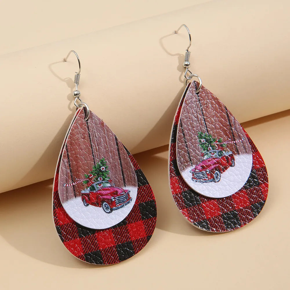 Trendy PU Leather Plaid Teardrop Earrings for Stylish Makeovers - 2.8" Length