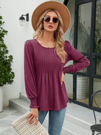 Stylish Smocked Round Neck Blouse With Lantern Sleeves - Opaque 65% Rayon, 35% Polyester - Store 42