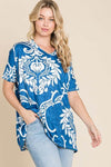 Stylish BOMBOM Printed Relaxed V-Neck Tunic Top - Oversized Fit, Slightly Stretchy, Casual Chic - Store 42