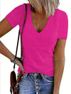 Trendy Solid V-Neck Short Sleeve T-Shirt - Slightly Stretchy, 95% Polyester, 5% Spandex - Store 42