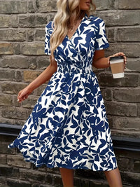 Printed Smocked Surplice Short Sleeve Dress Peacock Blue