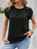 Slightly Stretchy Round Neck Ruched Petal Sleeve Top - 95% Polyester, 5% Spandex - Store 42