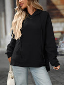Slightly Stretchy Textured Drawstring Long Sleeve Hoodie with Pocket - Trendy Casual Wear - Store 42