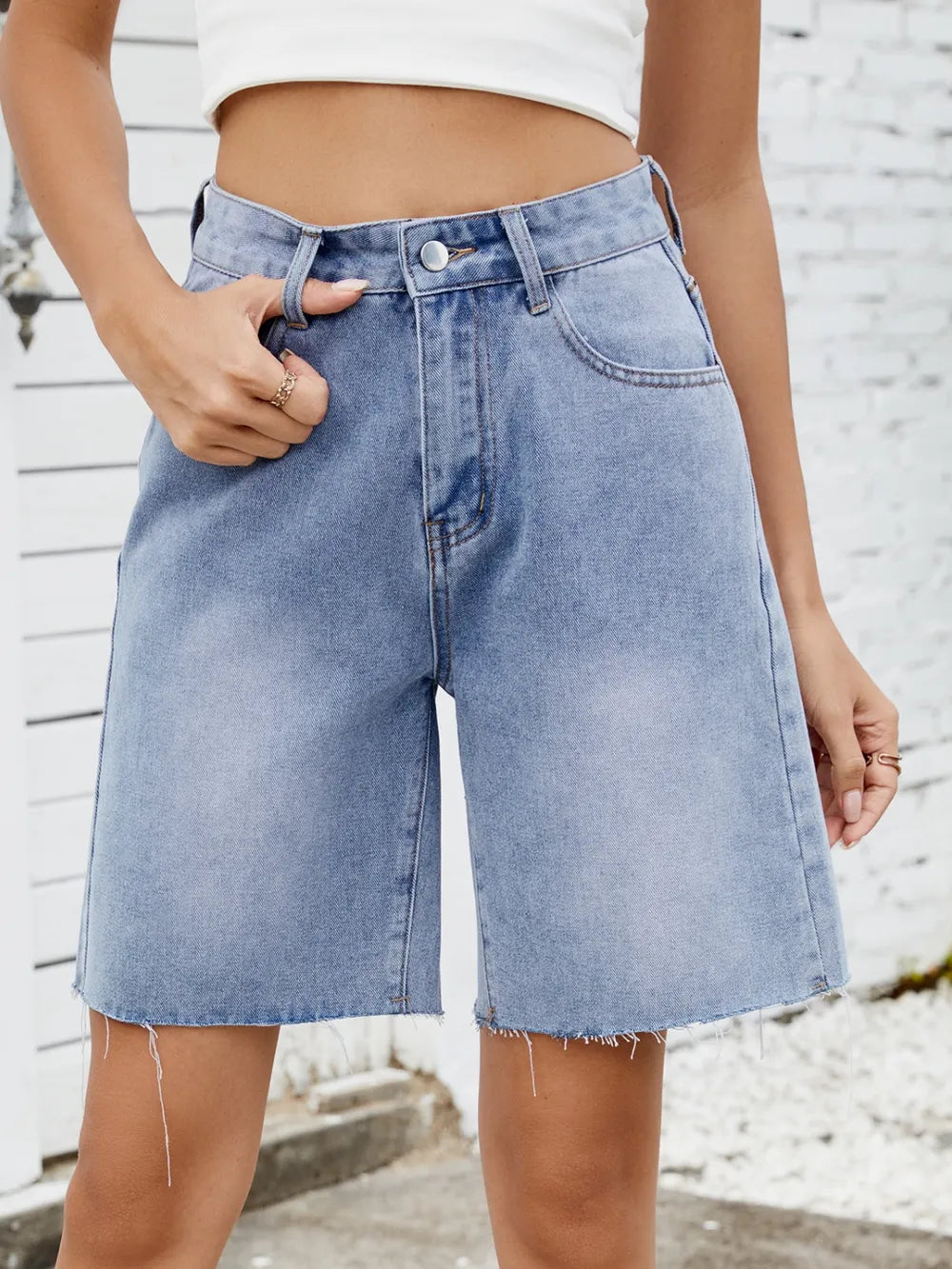Trendy Washed Denim Shorts with Raw Hem - No Stretch, 95% Rayon, Perfect for Summer