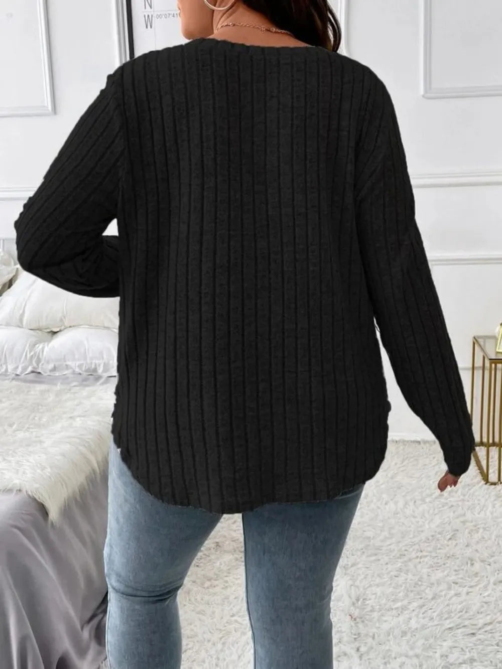 Plus Size 100% Polyester V-Neck Long Sleeve T-Shirt - Slightly Stretchy & Opaque