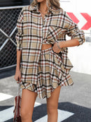 Plaid Button Up Shirt and Skirt Set Khaki