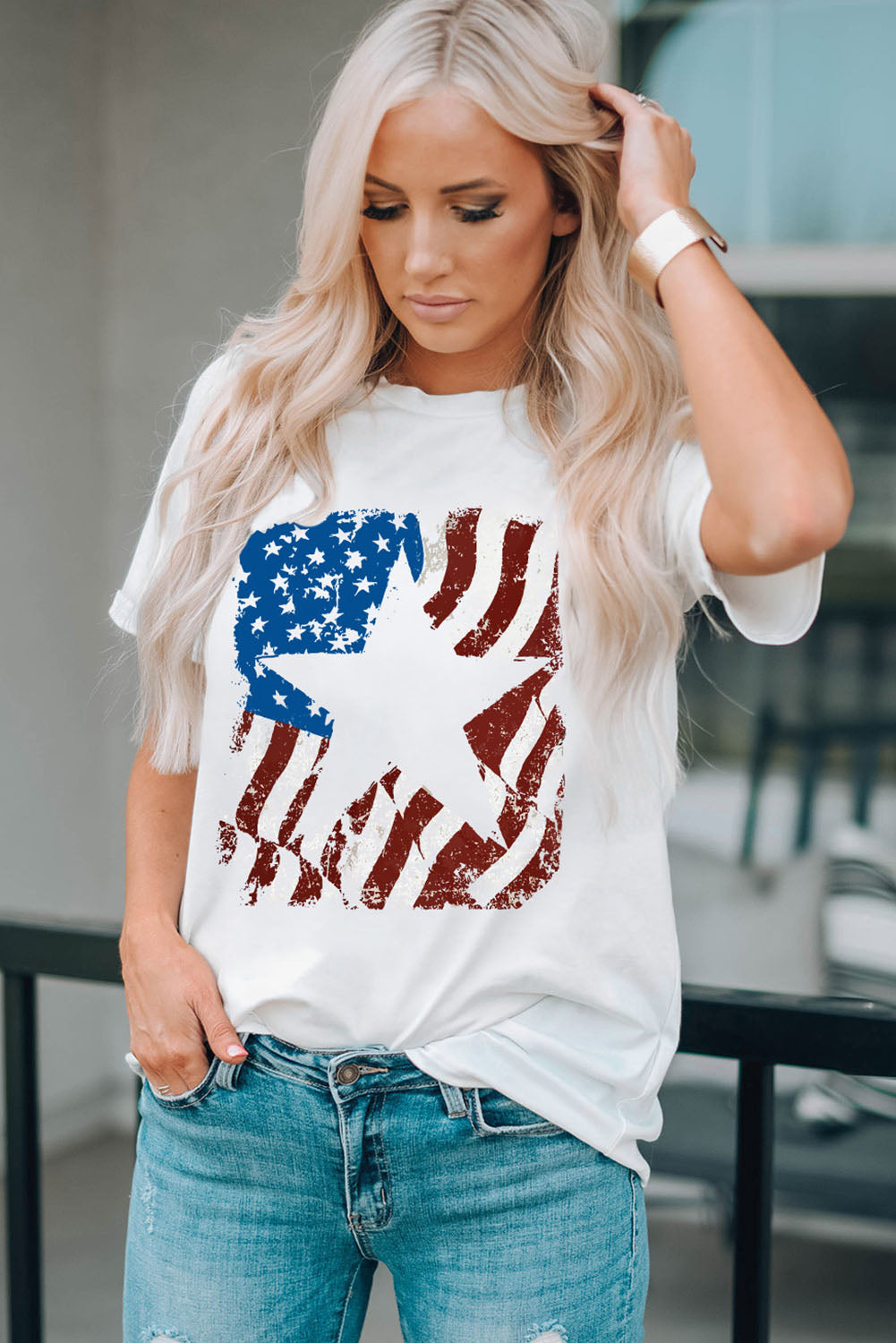Casual US Flag Graphic Round Neck Tee for Men and Women – Short Sleeve, Slightly Stretchy