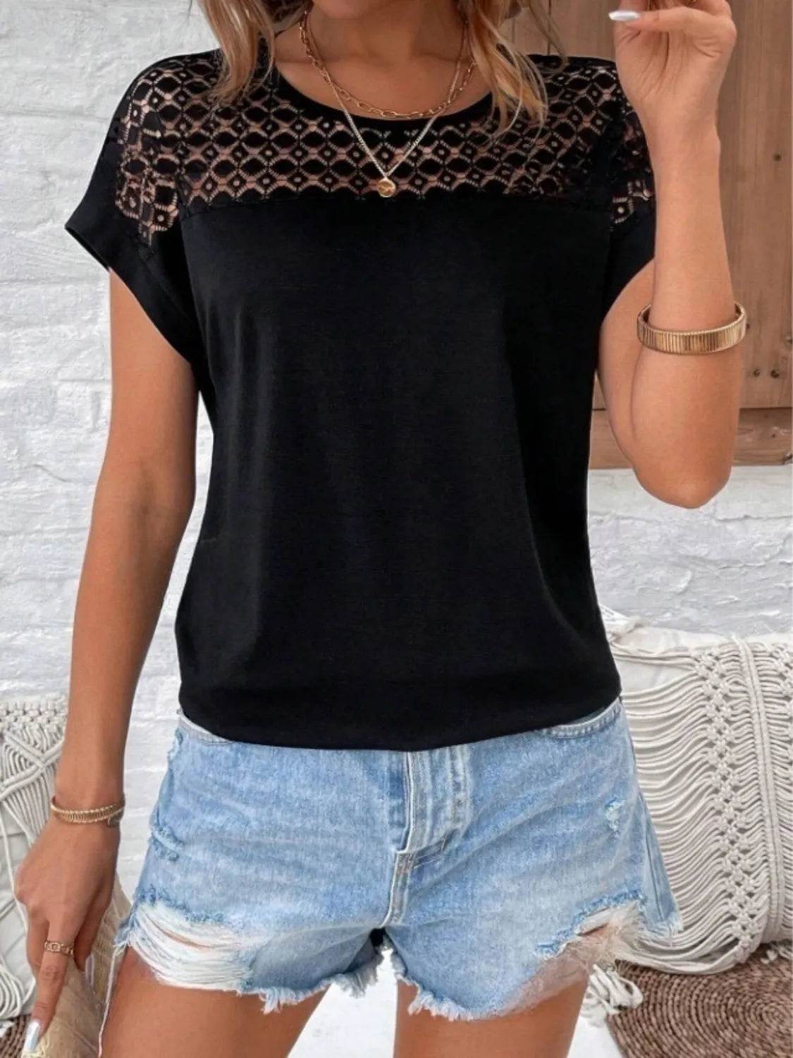 Lace Cutout Round Neck Short Sleeve T-Shirt for Women - 60% Polyester Casual Top - Store 42