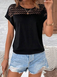 Lace Cutout Round Neck Short Sleeve T-Shirt for Women - 60% Polyester Casual Top - Store 42