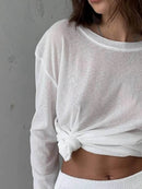 Slightly Stretchy Knotted Long Sleeve T-Shirt in Sheer 100% Polyester - Trendy Basic Style - Store 42