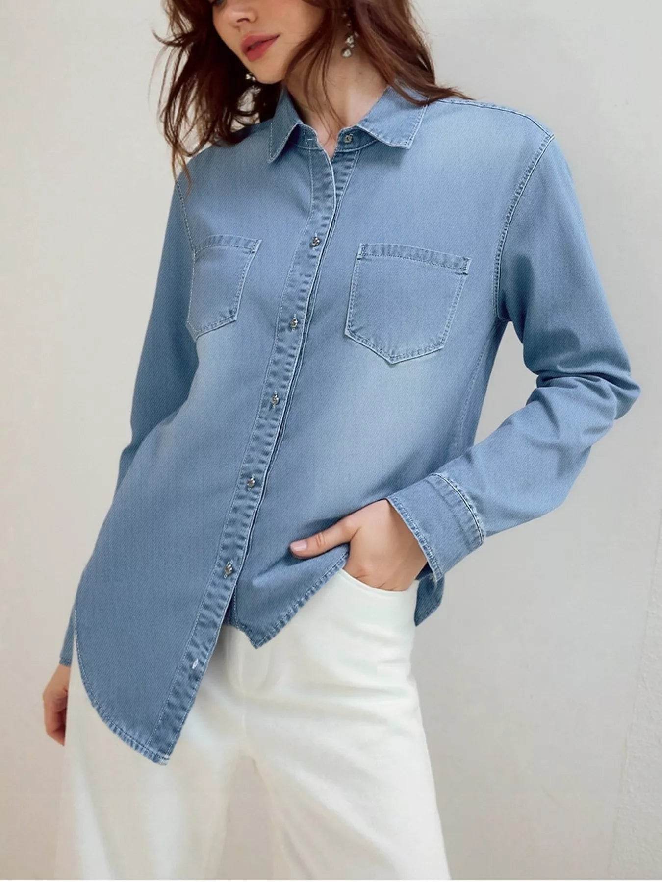 Full Size Button-Up Long Sleeve Denim Shirt Plus Size