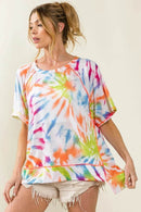 BiBi Tie Dye Print Jersey Top with Unique Uneven Hem - Casual Bohemian Style - Store 42