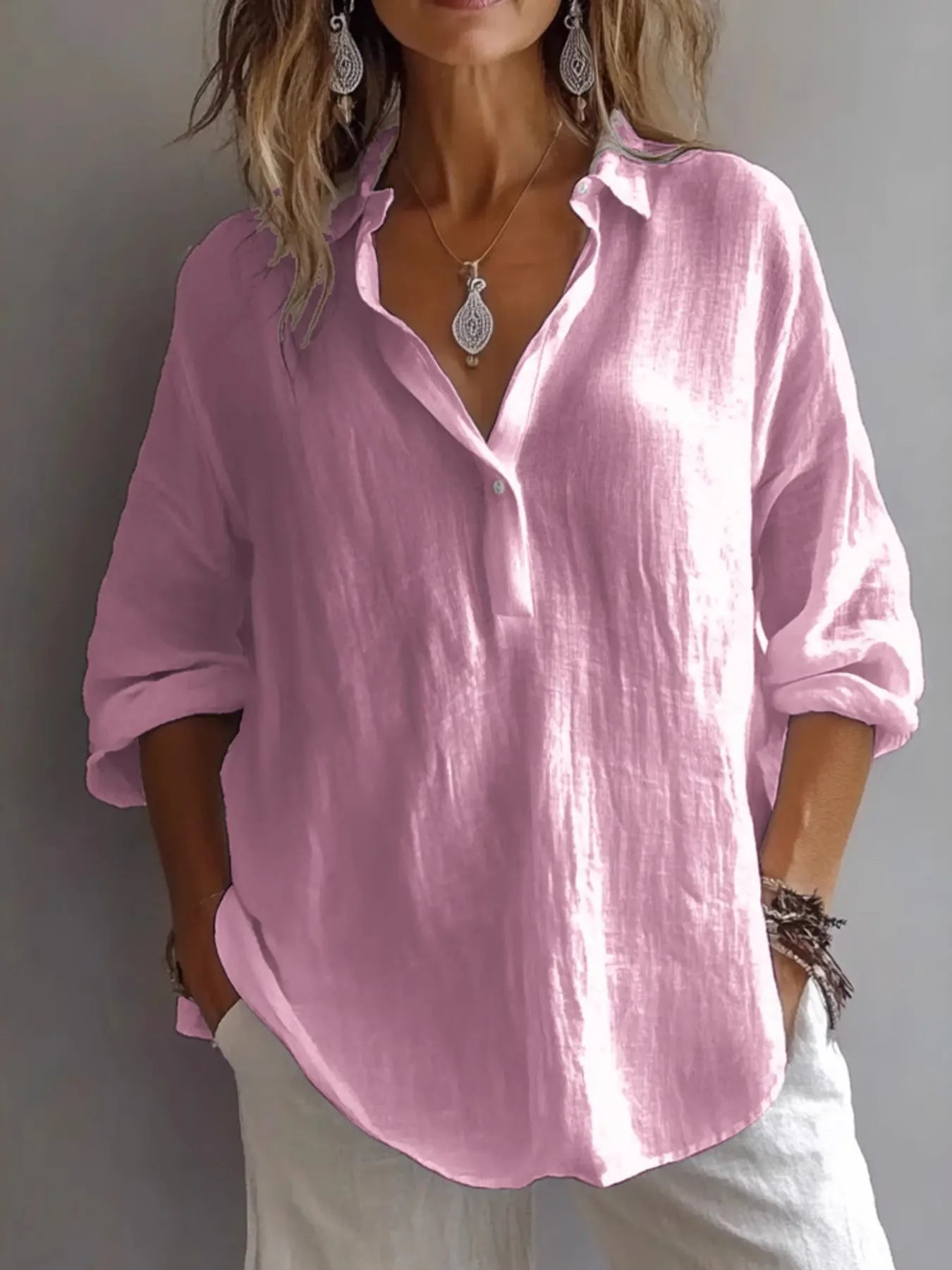 Collared Neck Long Sleeve Shirt Pink