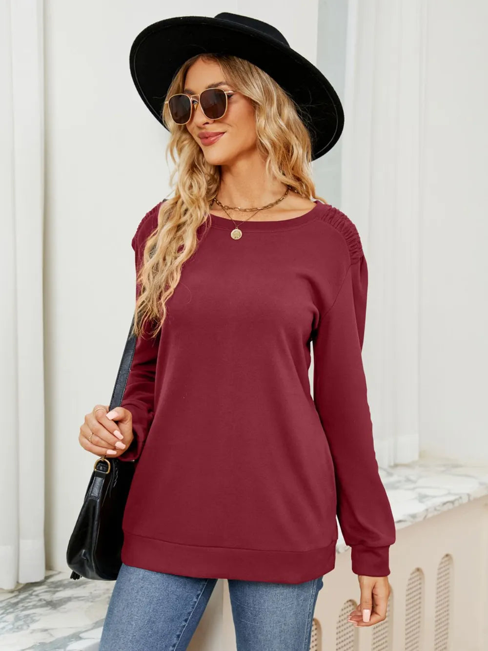 Stylish Ruched Shoulder Round Neck Long Sleeve Sweatshirt With Pockets - Slightly Stretchy Fabric