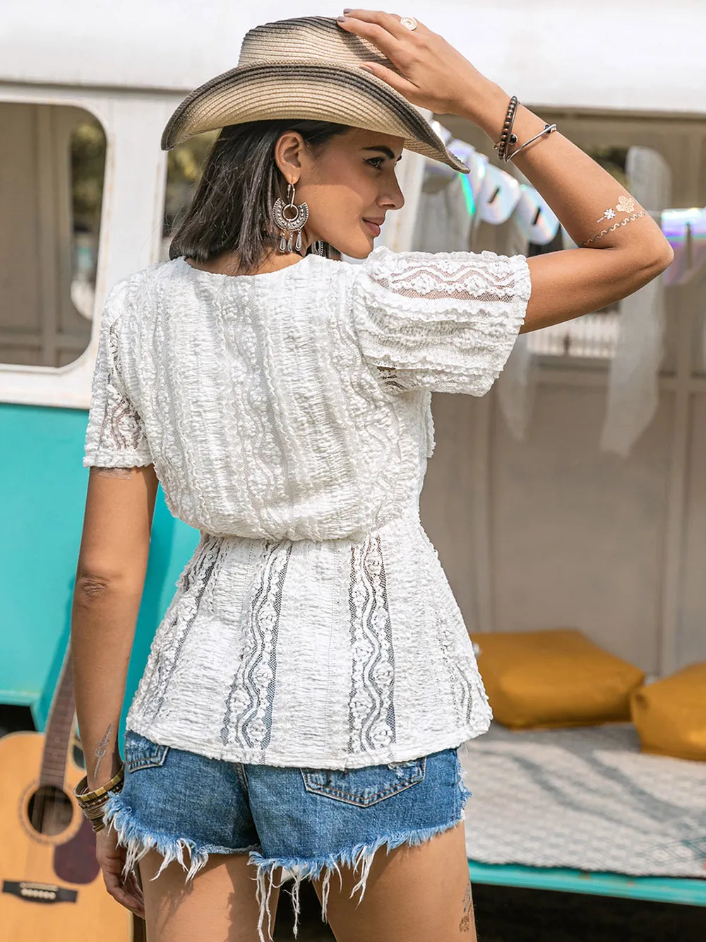 Semi-Sheer Lace V-Neck Short Sleeve Top - Slightly Stretchy, Elegant Design, 95% Polyester