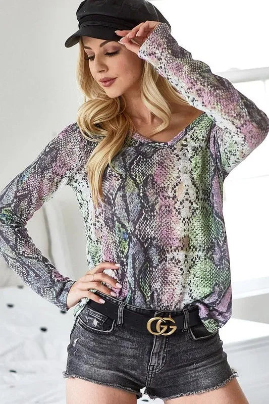 Chic BiBi Snakeskin Print V-Neck Top in Low Gauge Hacci Fabric - Trendy Comfort Style