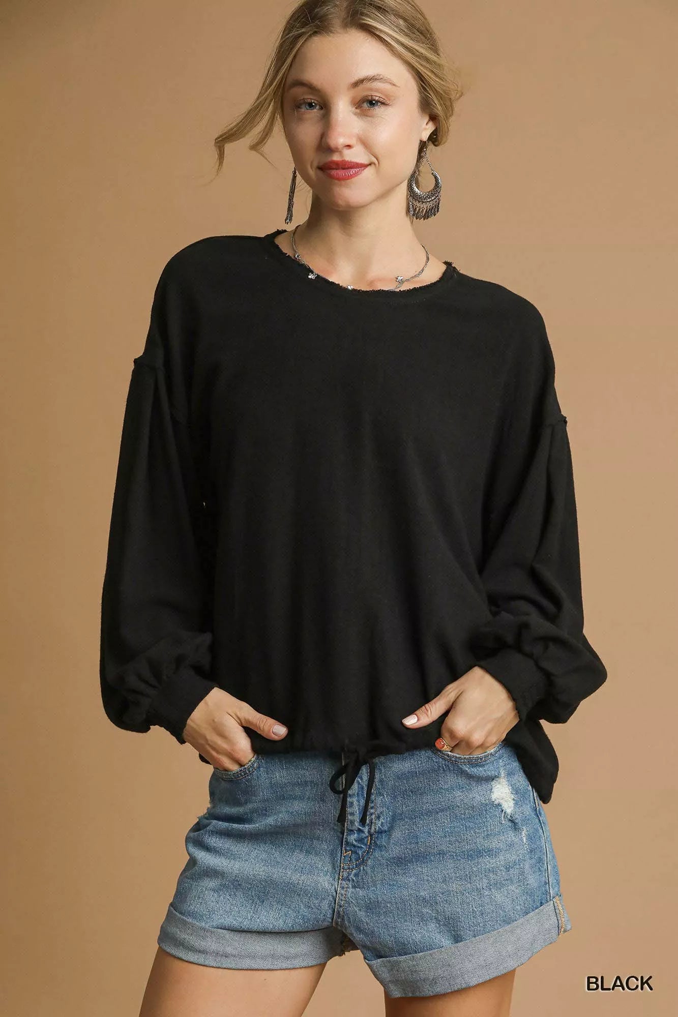 Umgee Full Size Linen Long Sleeve Top with Drawstring Plus Size