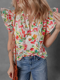 Multicolour Floral Printed Cap Sleeve Split Neck Blouse