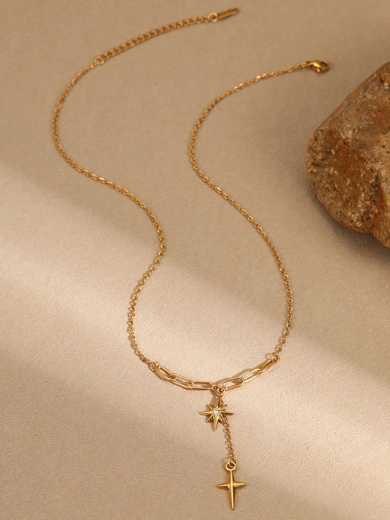 Elegant 18K Gold-Plated Star Cross Pendant Necklace with Zircon Accents