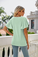 Trendsi Eyelet Flutter Sleeve Semi-Sheer Round Neck Casual Top - 100% Polyester - Store 42