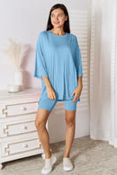 Basic Bae Bamboo Full Size Round Neck Drop Shoulder T-Shirt and Shorts Set Light Blue