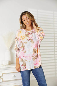 Double Take Floral Round Neck Three-Quarter Sleeve Top - Store 42