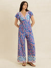 Printed V-Neck Wide Leg Jumpsuit Blue Purple