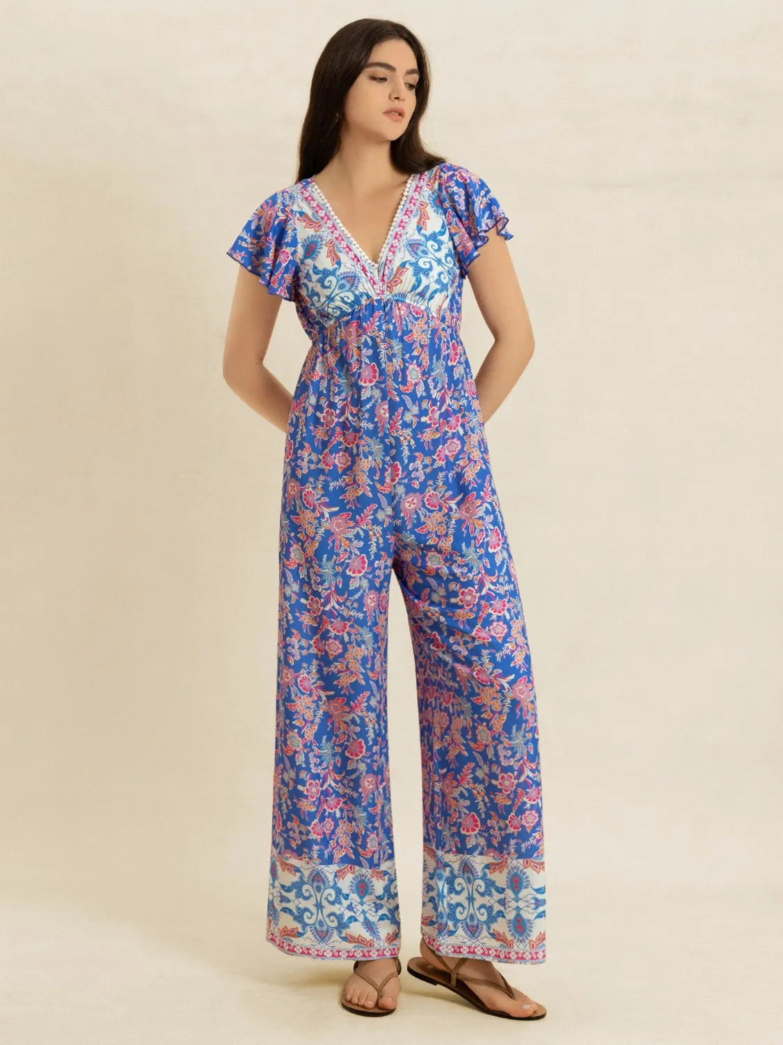 Stylish Printed V-Neck Wide Leg Jumpsuit with Buttoned Ruched Details - 100% Viscose