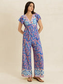 Printed V-Neck Wide Leg Jumpsuit Blue Purple