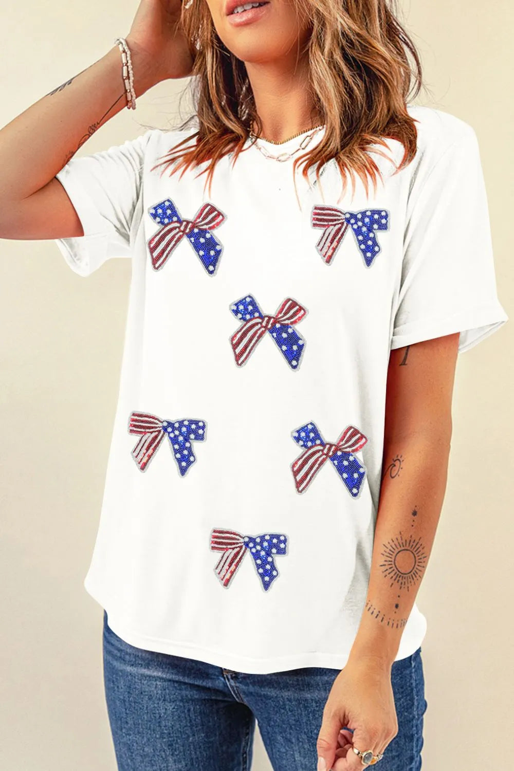 Sequin Flag Bow Pattern Crew Neck Patriotic Tee
