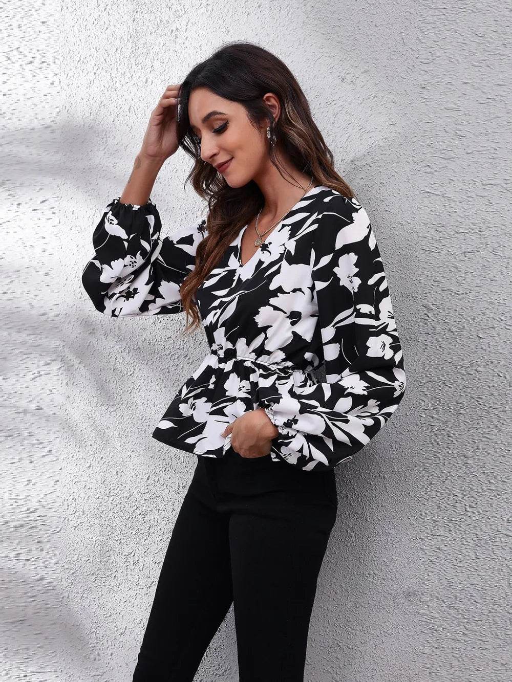 Floral Balloon Sleeve Peplum Blouse with V-Neck - Opaque 100% Polyester, Trendy Style - Store 42