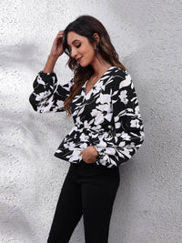 Floral Balloon Sleeve Peplum Blouse with V-Neck - Opaque 100% Polyester, Trendy Style - Store 42