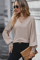 Perfee V-Neck Blouse with Pleated Lantern Sleeves, Opaque 100% Polyester, Smocked Detail - Store 42