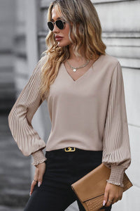 Perfee V-Neck Blouse with Pleated Lantern Sleeves, Opaque 100% Polyester, Smocked Detail - Store 42