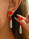 Stainless Steel Resin Lips Lipstick Rhinestone Earrings Gold One Size