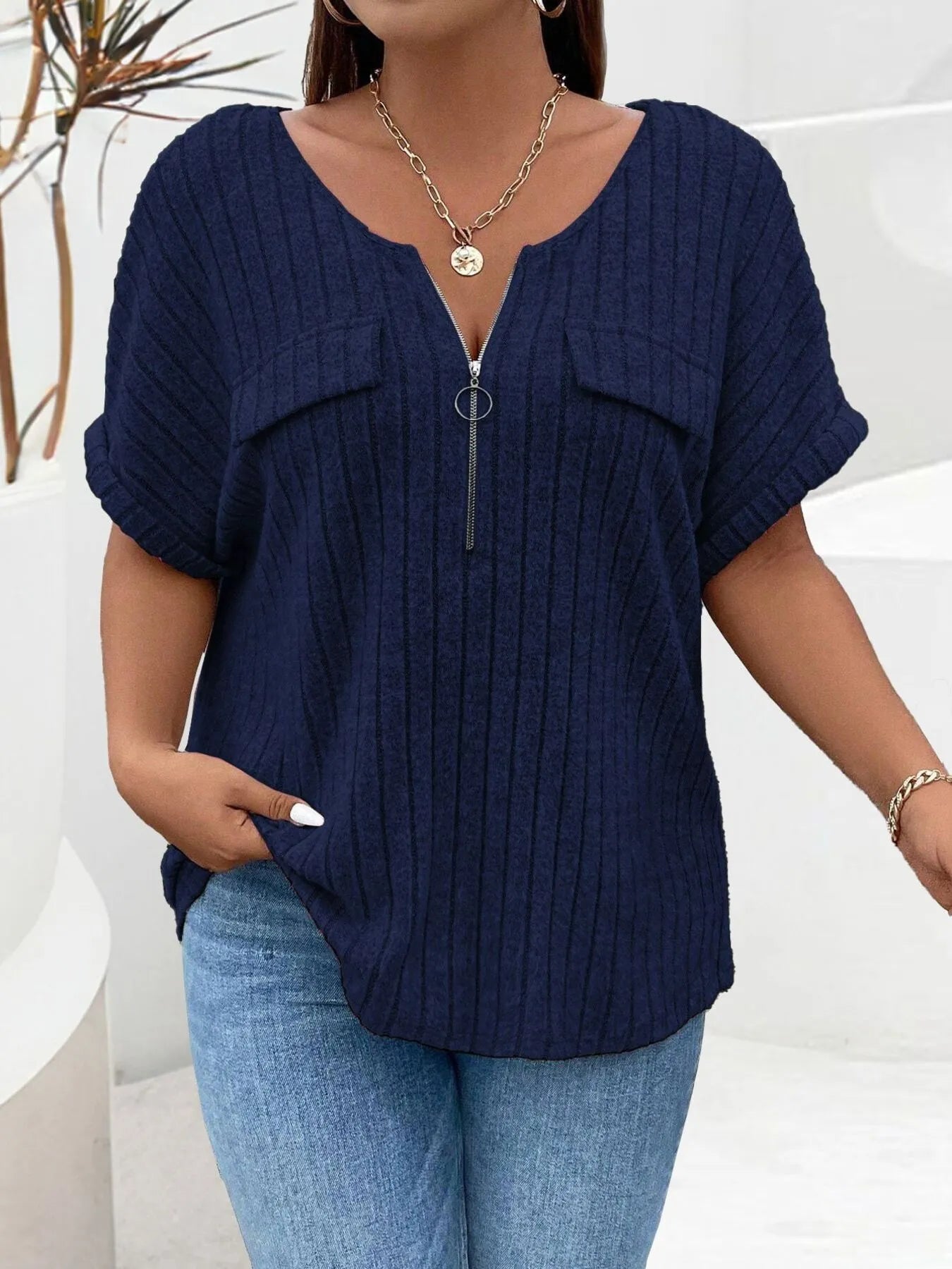 Plus Size Ribbed Half Zip T-Shirt - Relaxed Fit, Slightly Stretchy, Comfortable Style