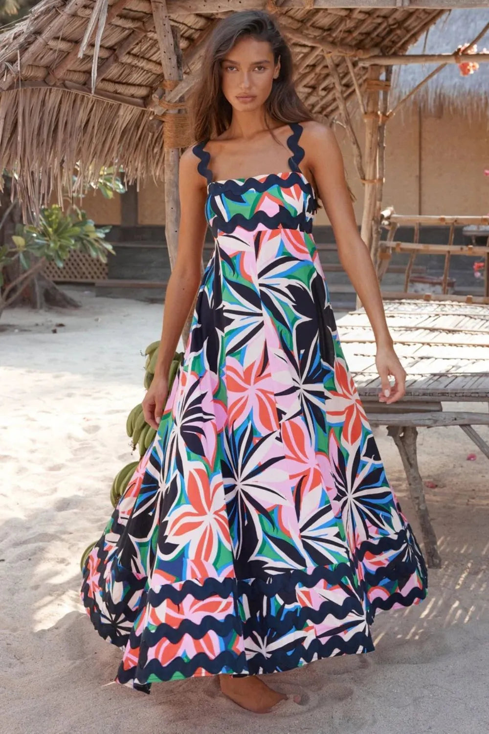 Stylish Printed Square Neck Dress with Wide Straps - 100% Polyester, Opaque, Non-Stretch