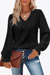 Trendy Eyelet V-Neck Blouse with Flounce Sleeves - Opaque, Highly Stretchy, Lined - 100% Polyester - Store 42