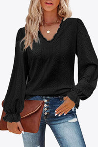 Trendy Eyelet V-Neck Blouse with Flounce Sleeves - Opaque, Highly Stretchy, Lined - 100% Polyester - Store 42