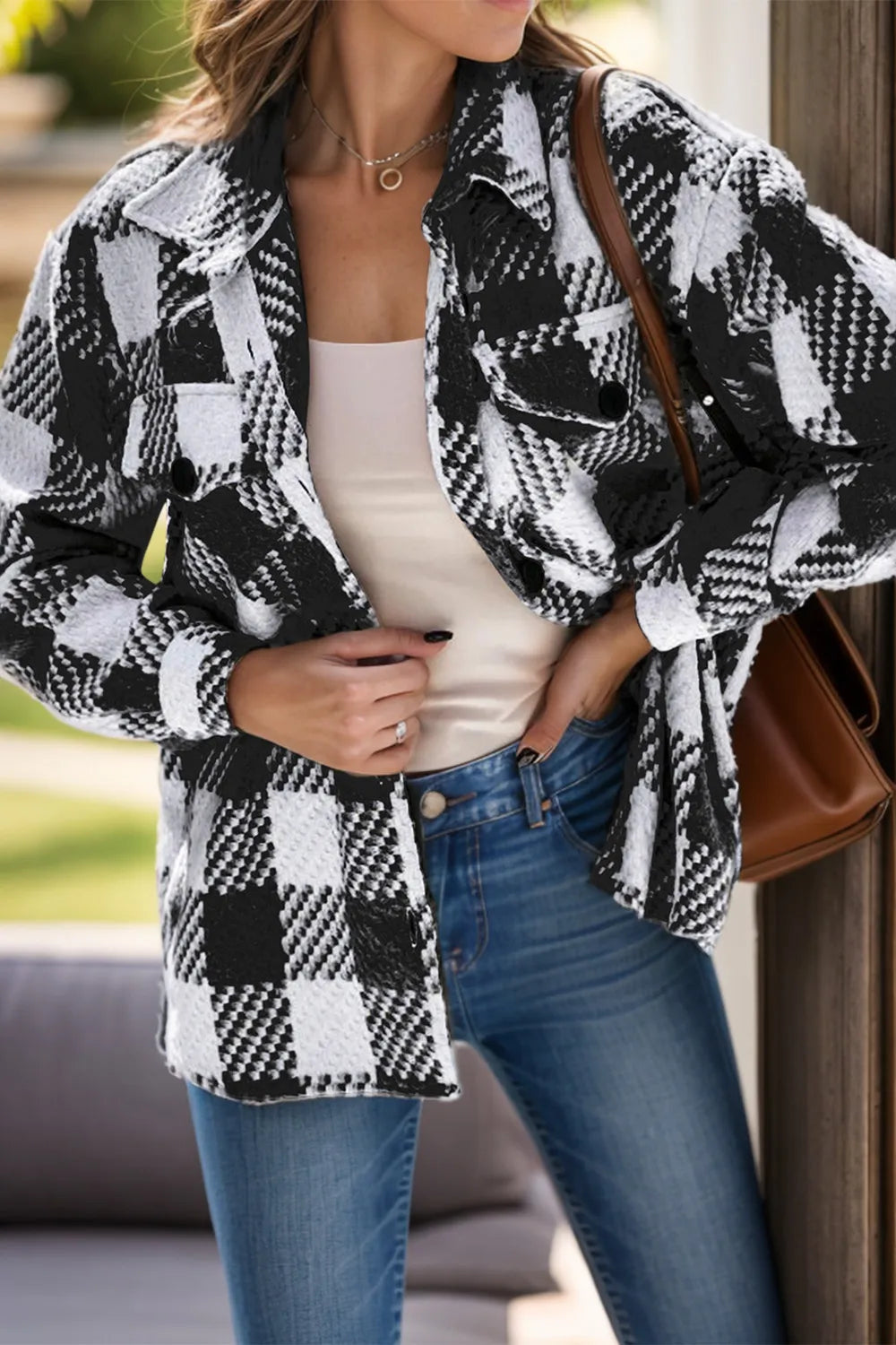 Trendy Plaid Button-Up Jacket for Women - Long Sleeve, Pocketed, 100% Polyester