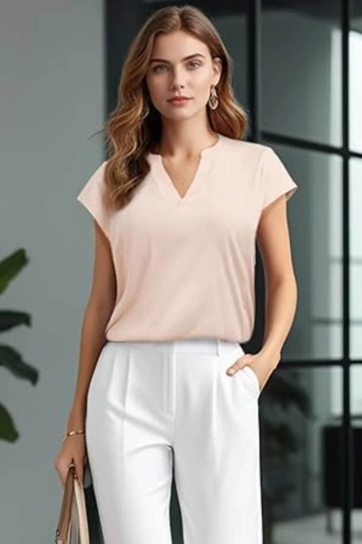 Stylish Casual Notched Short Sleeve Summer Blouse - Soft Stretchy Fabric, Perfect for Warm Days - Store 42