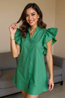 Oh Ruched Johnny Collar Cap Sleeve Mini Dress Green