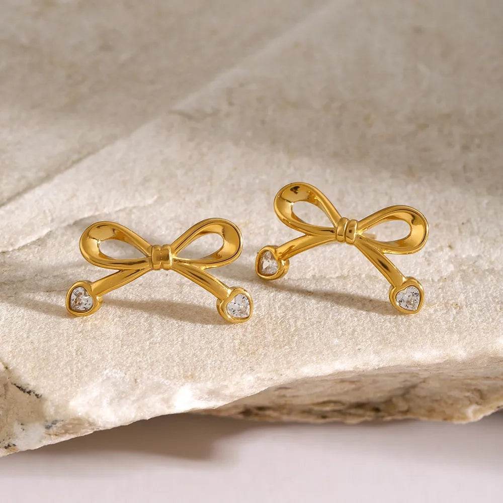 Elegant 18K Gold-Plated Stainless Steel Bow Earrings with Zircon Inlay - Lightweight Fashion Jewelry - Store 42