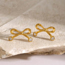 Elegant 18K Gold-Plated Stainless Steel Bow Earrings with Zircon Inlay - Lightweight Fashion Jewelry - Store 42