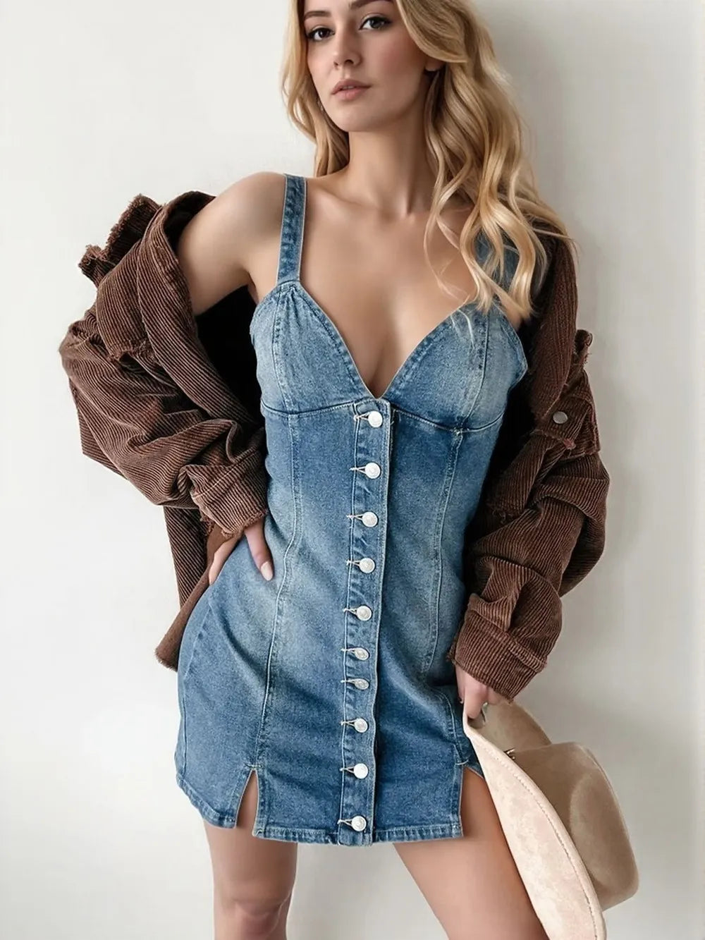 Button Down Mini Cami Denim Dress With Slit - 95% Rayon, Stylish & Comfortable
