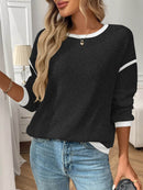 Slightly Stretchy Ribbed Long Sleeve Top with Contrast Trim - Elegant Basic Style - Store 42